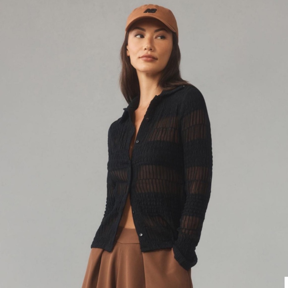 Anthropologie Mesh Textured Black Button Down Long Sleeve NWT